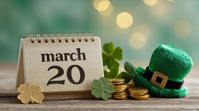 St. Patrick's Day Celebration: Wooden Calendar, Gold Coins, Clover, and a Festive Green Hat