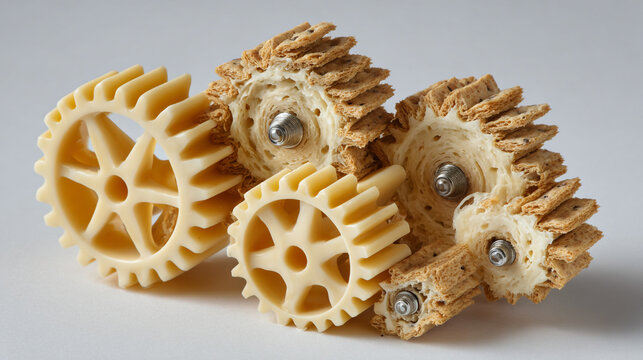 Cog wheels made from bread and plastic on white background
