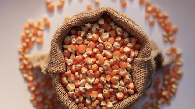 sweet corn filled jute/ burlap sack table top spin view.
