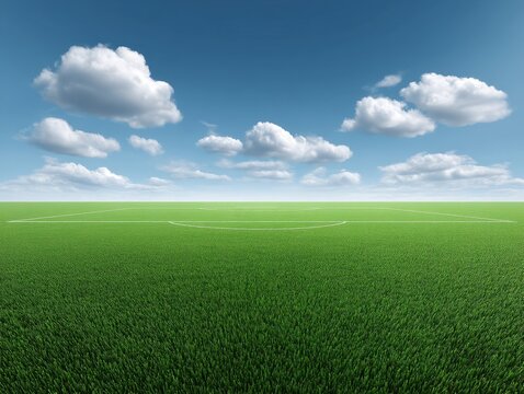 Expansive Green Soccer Field Under Bright Blue Sky with Fluffy Clouds and Clear Horizon for Sports and Recreation Themes