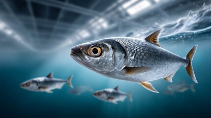 Naklejka premium Fish swimming in clear water with reflections and underwater lights in a space