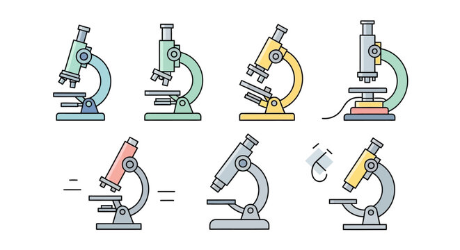 Illustrated vector graphic of several microscopes in different color variations for science
