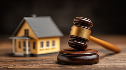 Obraz premium Wooden Gavel and House Model on Table Symbolizing Real Estate Legal Trial Concept