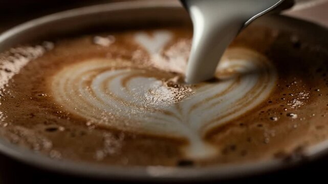 Detailed shot of heartshaped latte art as creamy microfoam is poured highlighting textured milk swirl with soft outoffocus coffee cup edges.