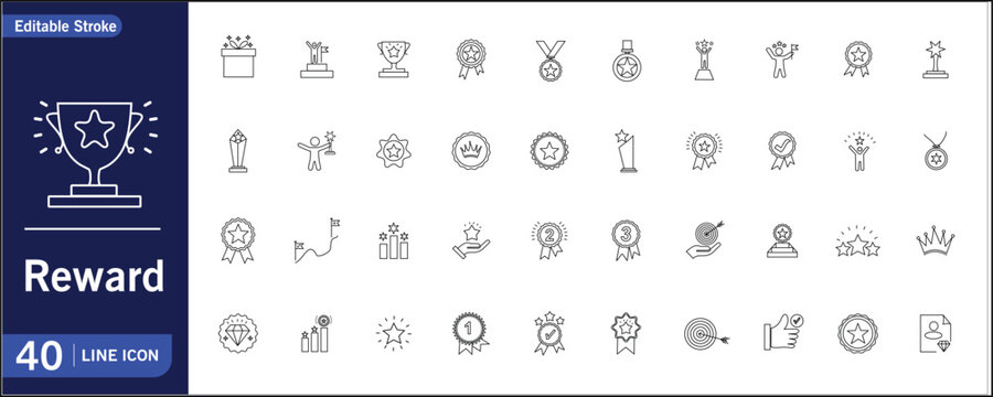 40 Reward Line Icons Vector | Editable stroke Single Line Award Icons |40 icon pac |40vector icons |minimal outline vector icons set |Trophy, Badge, Medal, Achievement, Winner Outline Icon Set
