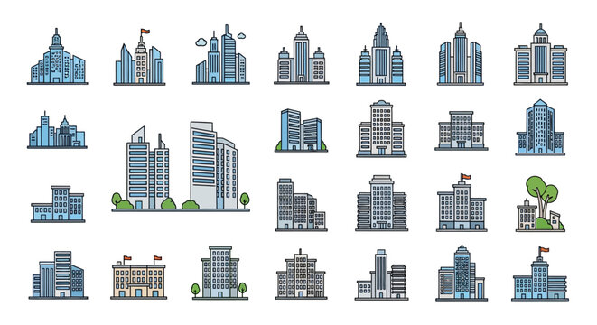 Set of modern city buildings vector illustrations with outline and simple color palettes
