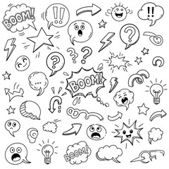Fototapeta premium Hand-drawn Doodle Set of Comic Speech Bubbles, Expressive Faces, Arrows, and Exploding Graphics for Creative Design Projects and Fun Illustrations