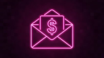 Fototapeta premium Neon pink envelope with dollar sign icon on dark background