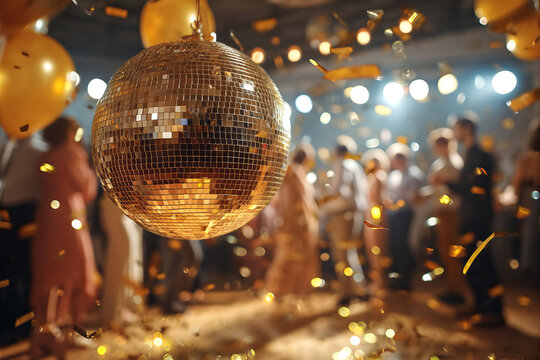 Golden Disco Ball Party: New Year's Eve Celebration with Dancing Revelers and Confetti
