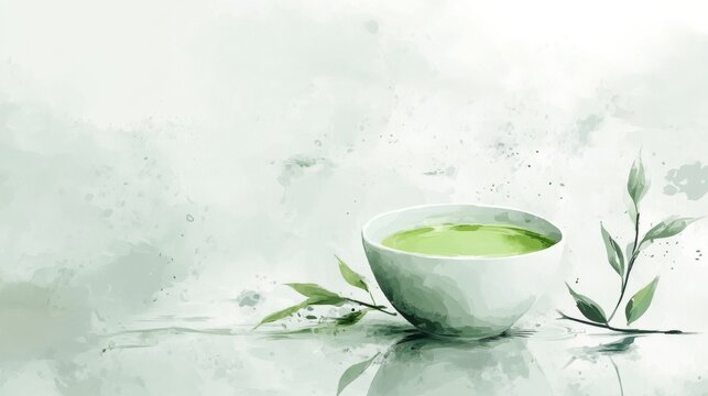 Scenarios of ink and wash style green tea cups