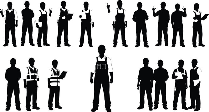 Collection of professional construction worker silhouettes wearing safety helmets and high visibility vests holding clipboards while standing in various poses on white background
