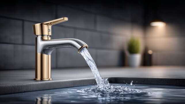 Modern faucet in a kitchen sink pouring water with a clean design and sleek look