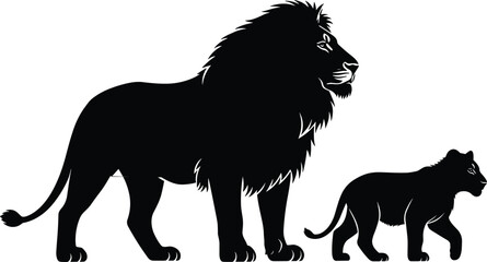 Majestic black lion silhouette standing with a small lion cub on white background, wild animal family vector illustration for nature conservation and safari wildlife. © MstRupali