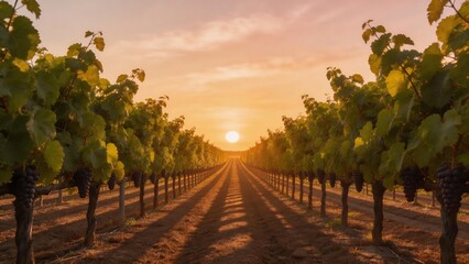 Fototapeta premium Rows of grapevines in a vineyard at sunset