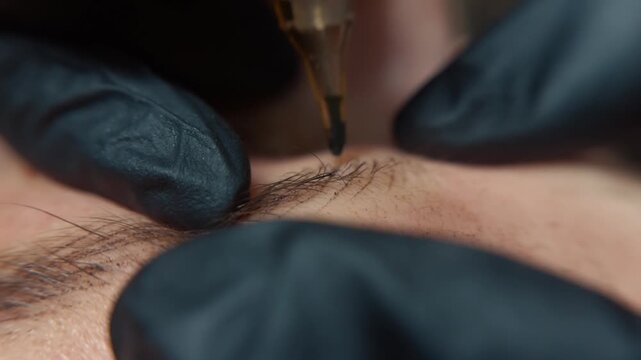 Professional aesthetician performing microblading procedure on client's eyebrows, applying permanent makeup with a specialized tool to create natural looking hairstrokes for enhanced beauty