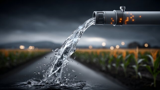Water flows from a pipe to irrigate crops in a field during agricultural activities