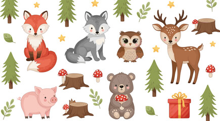 Obraz premium Woodland Animals with Trees, Mushrooms, and a Gift Box in Forest, Including Fox, Deer, Owl, Bear, Pig, and Wolf