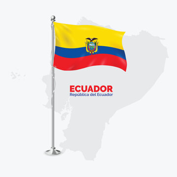 Waving flag of Ecuador on flagpole. Template for independence day poster design, Ecuador Flag with World Map Behind them on White Background	