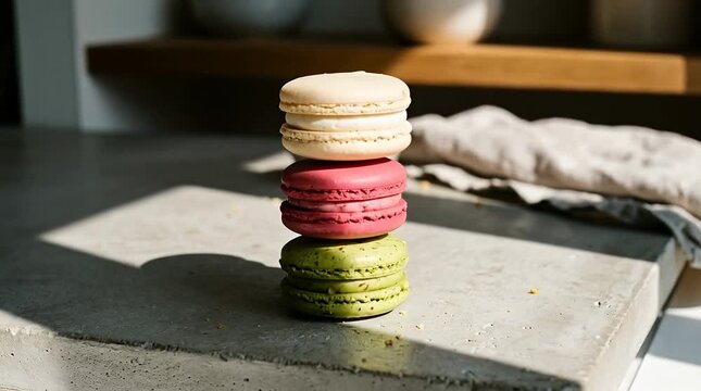 Sweet confection stack on a textured surface, morning light macarons, delicate pastry treat, baked dessert delight.