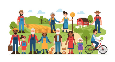 Fototapeta premium Diverse Farming Community Illustration: Multi-Generational Farmers & Families in a Green Rural Landscape with Barn & Harvest Fields