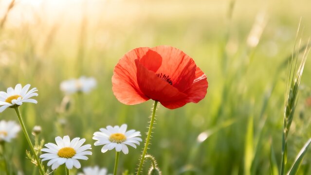 Red poppy and white daisies in field