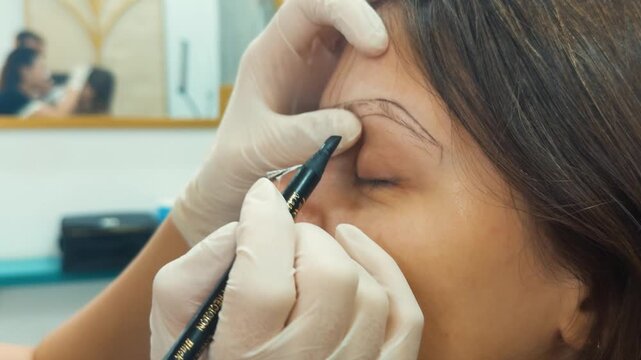 Professional aesthetician performing microblading brow mapping on a young woman's face, meticulously outlining the ideal eyebrow shape for permanent makeup cosmetic procedure
