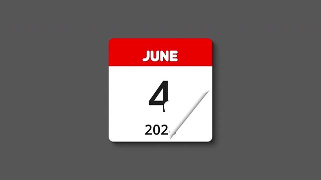 Monthly calendar animation with tear-off page flipping and realistic shadow for June 2026, perfect for time, schedule, event, and planning themes, transparent alpha channel BG