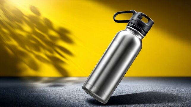 Stainless steel water bottle displayed on a yellow background with shadow play