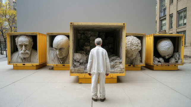 Man observing oversized sculptural heads in urban art installation
