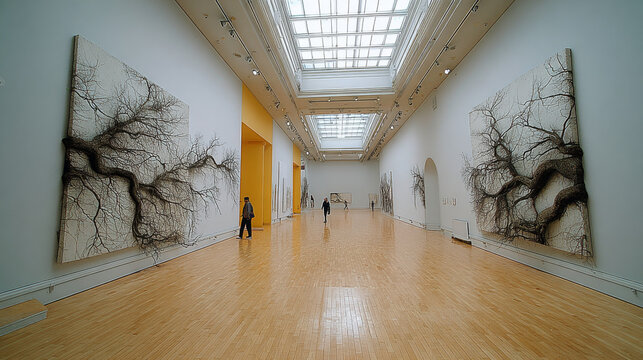 Spacious Modern Art Gallery with Unique Tree Branch Sculptural Installations