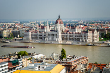Fototapeta premium Panoramic view of the amazing building of Hungarian Parliament in Budapest.