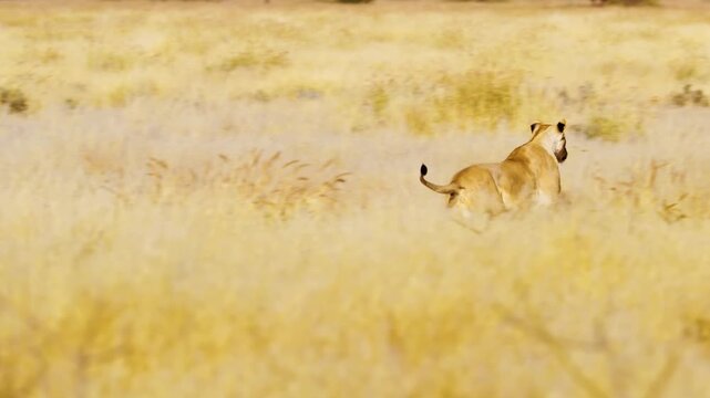Lioness (Panthera leo) runs to hunt a bat eared fox in Savanah of Botswana South Africa.