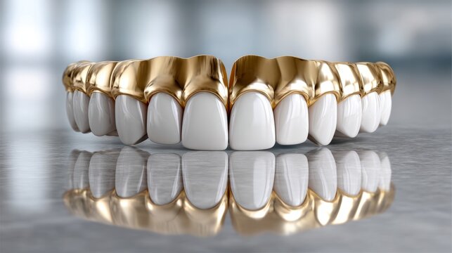 Custom gold dental grill displayed on reflective surface in dental studio setting