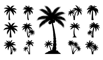 Fototapeta premium Minimal Palm Tree Silhouettes – Black Coconut Trees Vector Set