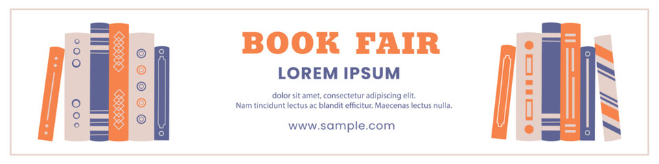 Obraz premium Horizontal banner for a book fair. Template for a book exhibition featuring various books in orange and purple colors. Advertising poster.