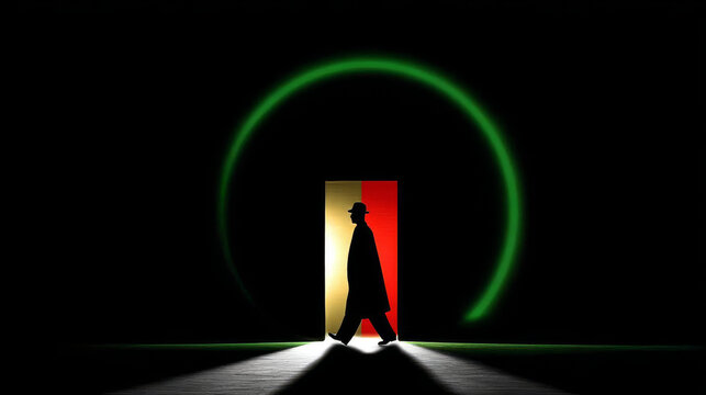 Mysterious Silhouette Man Walking Through Glowing Portal Door