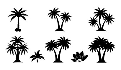 Fototapeta premium Black Palm Tree Vector Icon Set – Tropical & African Tree Silhouettes
