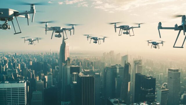 Fleet Of Surveillance Drones Flying Over Modern City Skyline During Golden Hour Sunset