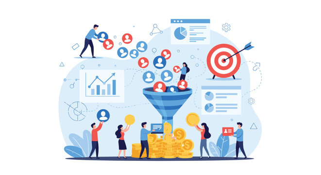 Customer acquisition funnel concept featuring tiny people managing leads and data to generate financial growth and success.