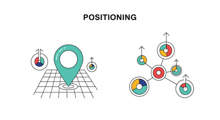 Fototapeta premium Brand positioning concept showing a location pin on a map grid alongside various data analysis charts and node connections for business strategy.
