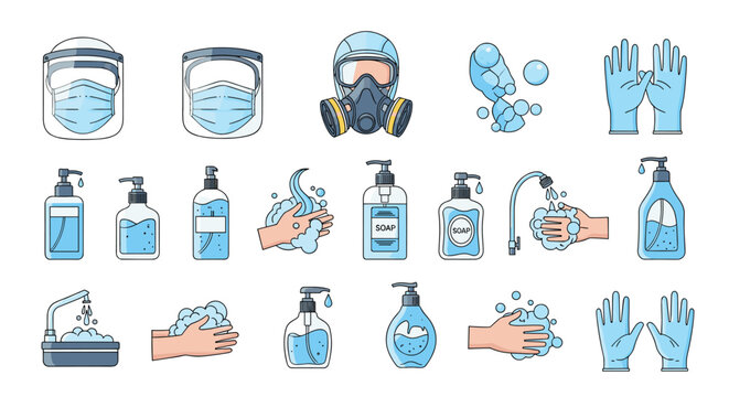 Detailed pixel art icons for personal protective equipment and hygiene including masks, face shields, gloves, and sanitizer for health safety.