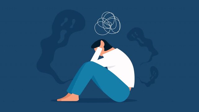 Sad person sitting with head down and tangled thoughts above. Concept of anxiety, depression, stress and mental health struggles in modern flat vector style