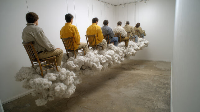 Contemporary Art Installation with Figures Seated on a Suspended Cloud