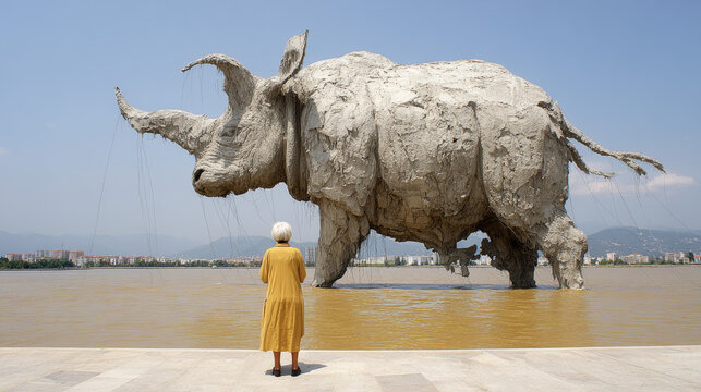 Woman Observing a Giant Rhinoceros Sculpture in Water with City and Mountains in Background