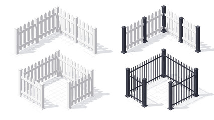 Fototapeta premium Collection of various fence designs in isometric view including classic white picket fences and modern black metal garden styles.