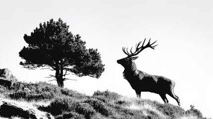 Naklejka premium Black and White Illustration of a Majestic Stag and Pine Tree on a Hill