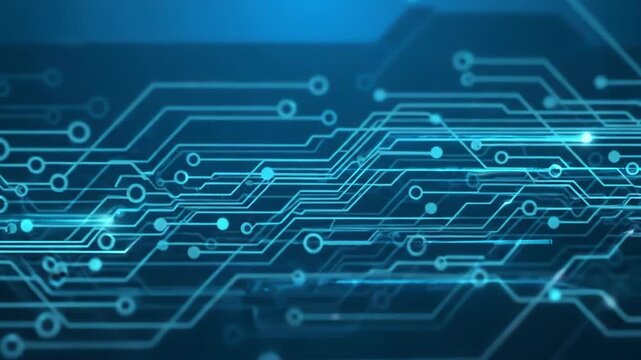 Circuit board with glowing blue lines.