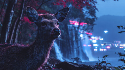 Naklejka premium Ethereal Deer by a Neon Waterfall at Night