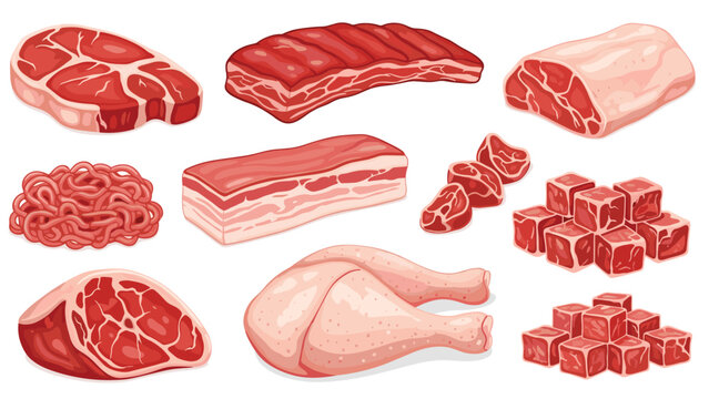Variety of fresh raw meat cuts including beef steak, minced meat, pork belly, ribs, and chicken leg isolated on a white background.