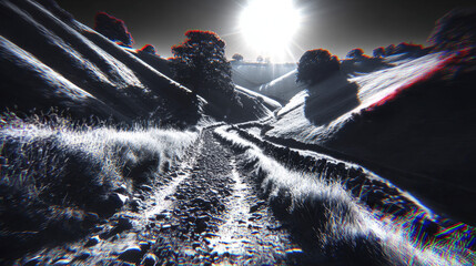 Naklejka premium Dramatic Monochromatic Valley Path with Chromatic Aberration